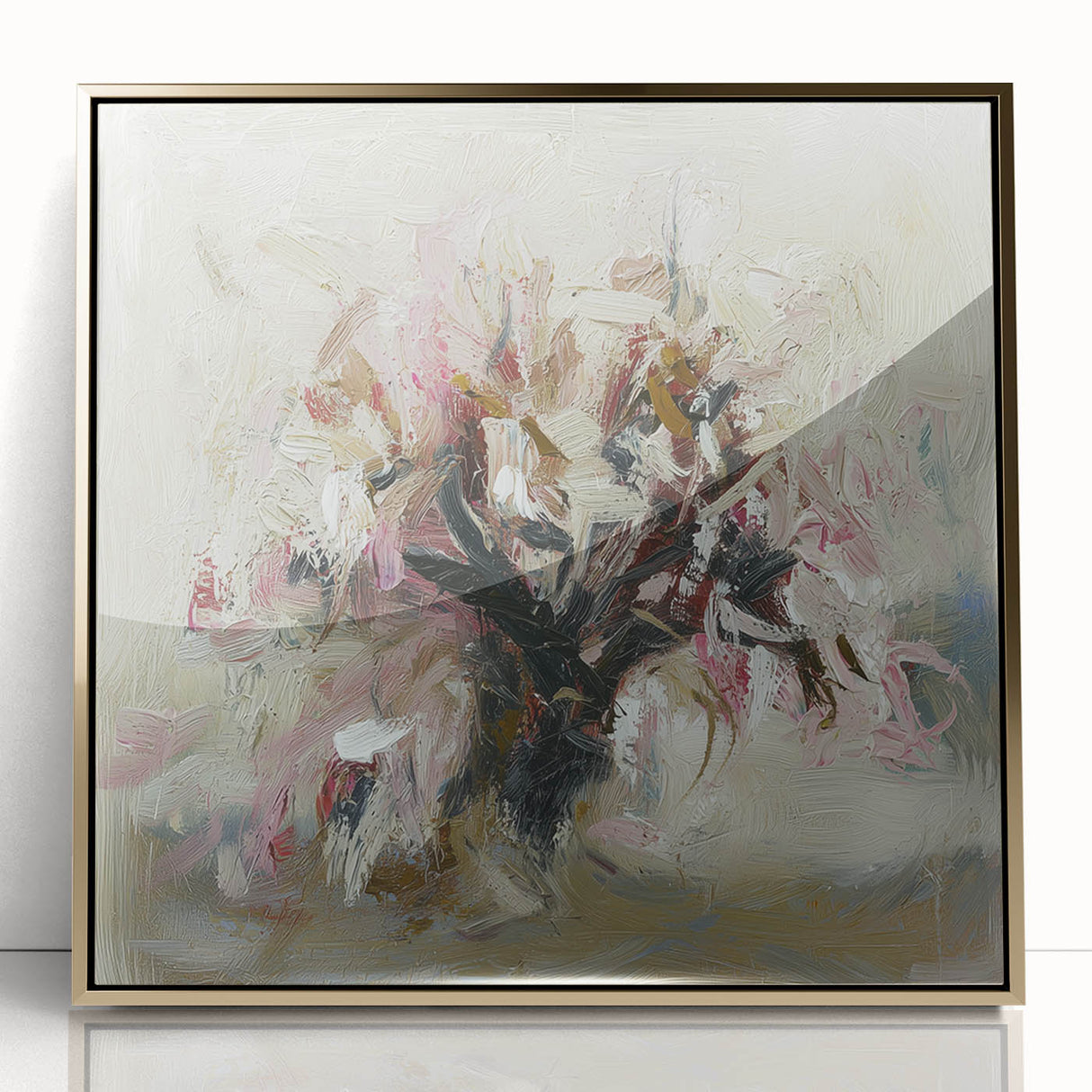 Framed acrylic artwork showcasing an abstract floral design in vibrant colors, elegantly set in a gold frame, perfect for modern home decor. Ideal for adding a touch of sophistication to any living space.