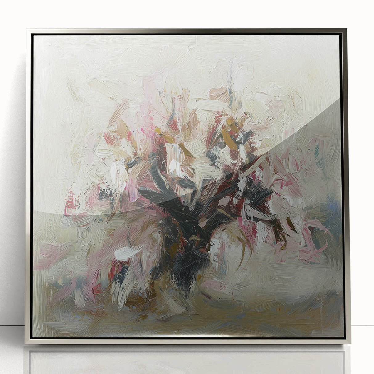 Framed acrylic artwork showcasing vibrant abstract floral designs in silver tones, perfect for modern home decor and wall accents. Ideal for enhancing any living space with a touch of elegance and color.