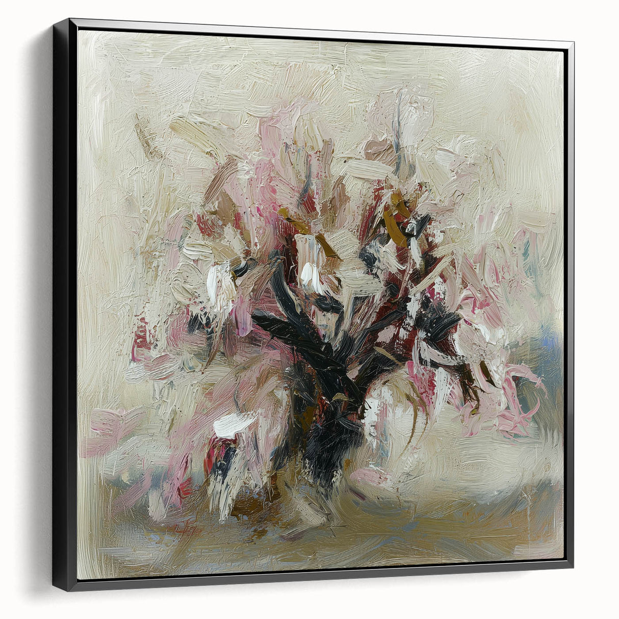Framed canvas artwork showcasing an abstract floral design in vibrant colors, displayed from the side against a neutral backdrop, perfect for home decor enhancement.