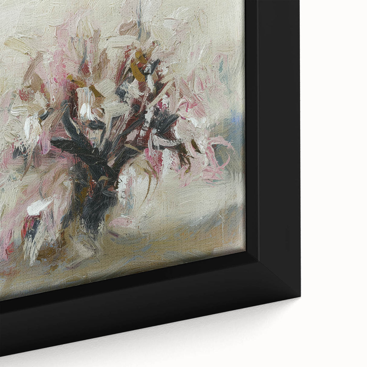 Framed canvas close-up showcasing vibrant abstract floral design in hues of pink, blue, and green, perfect for enhancing modern home decor and art collections.