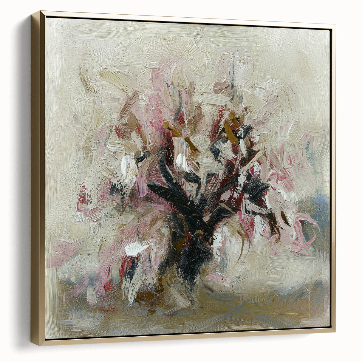 Framed canvas artwork displaying an abstract floral design in silver and gold hues, elegantly set against a modern interior backdrop, perfect for home decor enhancement.