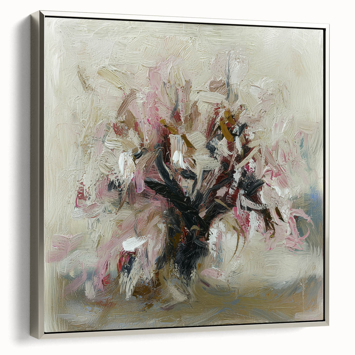 Framed canvas artwork showcasing an abstract floral design in vibrant colors, with a sleek silver frame, ideal for modern home decor and art enthusiasts.