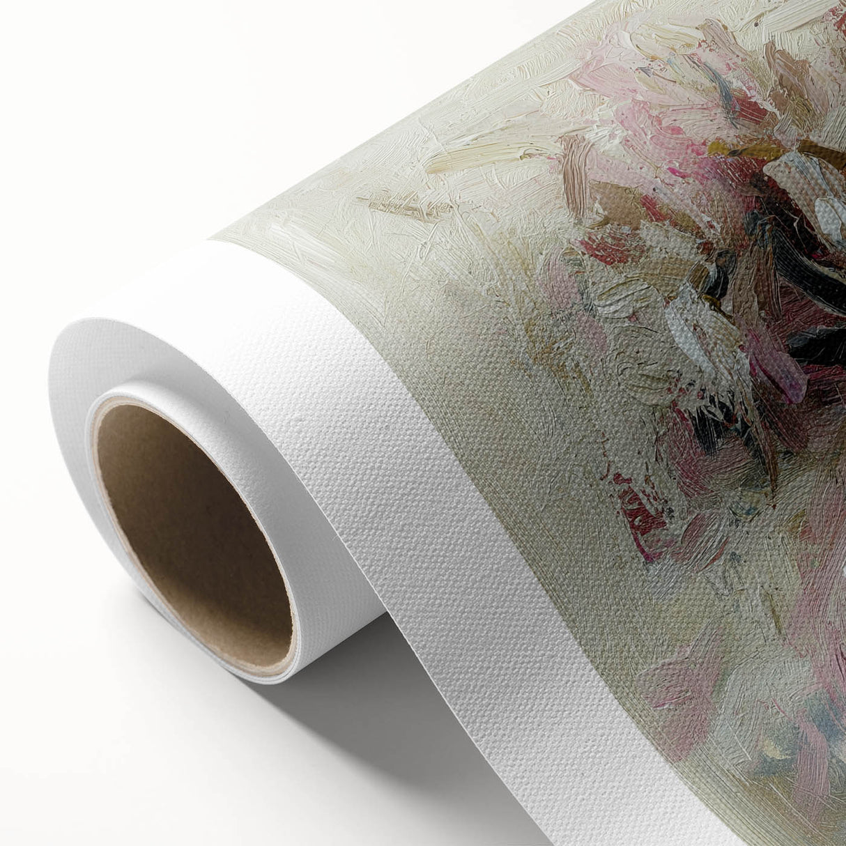 Abstract floral design on rolled canvas showcasing vibrant colors and intricate patterns, ideal for home decor. Packaged securely in a protective cardboard tube for easy transport.