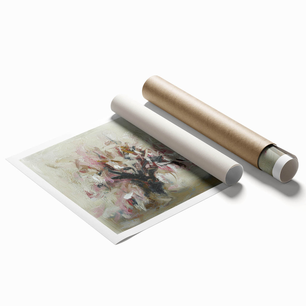 Abstract floral design rolled print showcasing vibrant colors of pink, orange, and green, perfect for home decor. Packaged securely in a cardboard tube for protection during shipping.