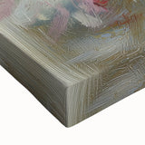 Close-up of a vibrant abstract floral canvas art piece, showcasing intricate brush strokes and rich colors, perfect for modern home decor or artistic displays.