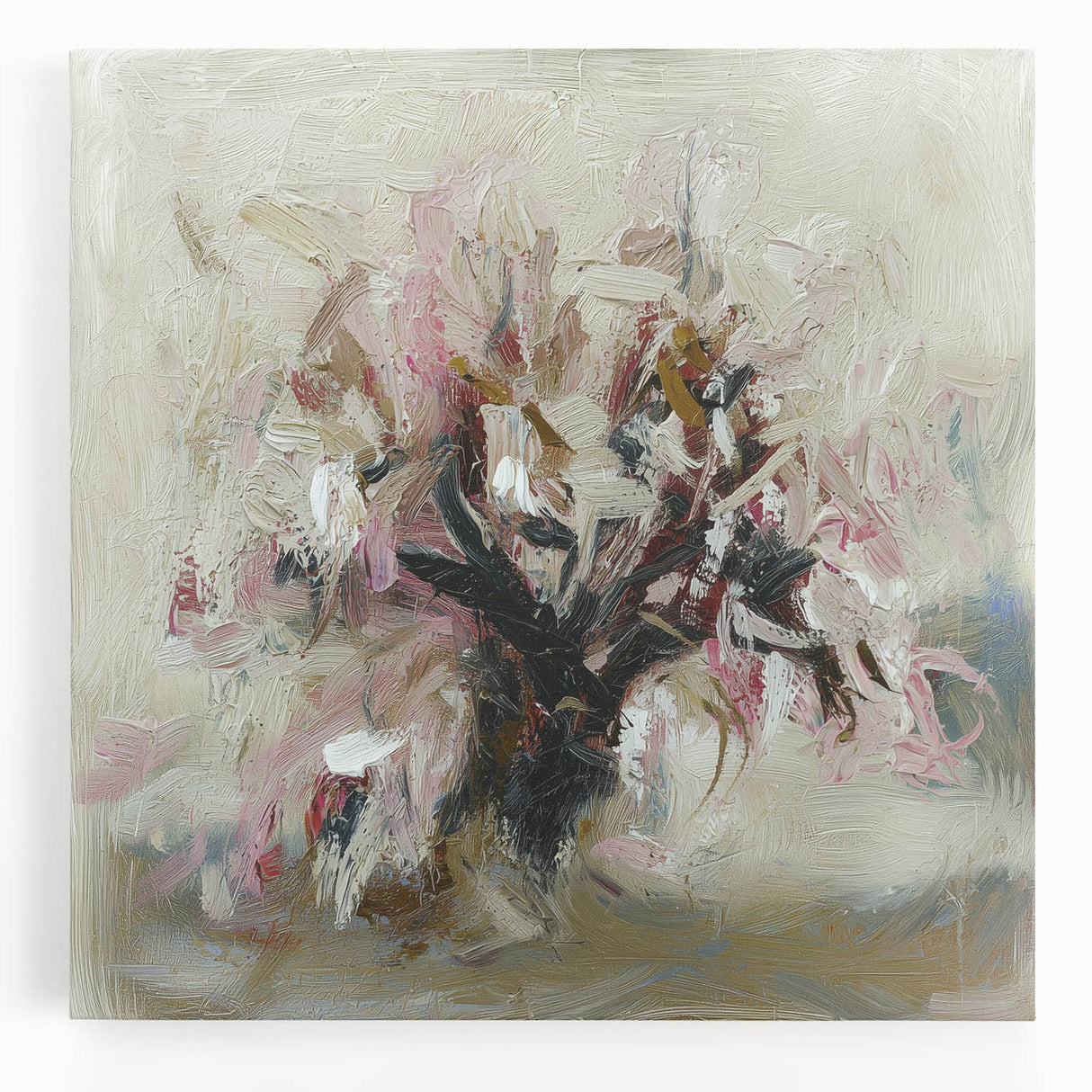 Vibrant abstract floral design on stretched canvas featuring bold colors and intricate patterns, ideal for modern home decor or art display.