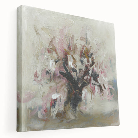 Stretched canvas artwork showcasing abstract floral designs in vibrant colors, featuring intricate details and a side view presentation, ideal for home decor.