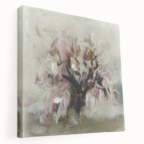 Stretched canvas artwork showcasing abstract floral designs in vibrant colors, featuring intricate details and a side view presentation, ideal for home decor.