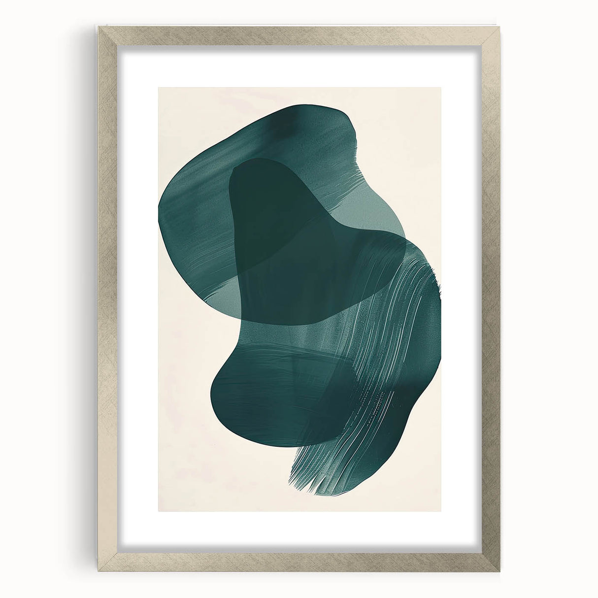 Abstract minimalist wall art framed in silver, showcasing a geometric design with soft pastel colors, perfect for modern home decor. Ideal for enhancing living spaces with elegance.