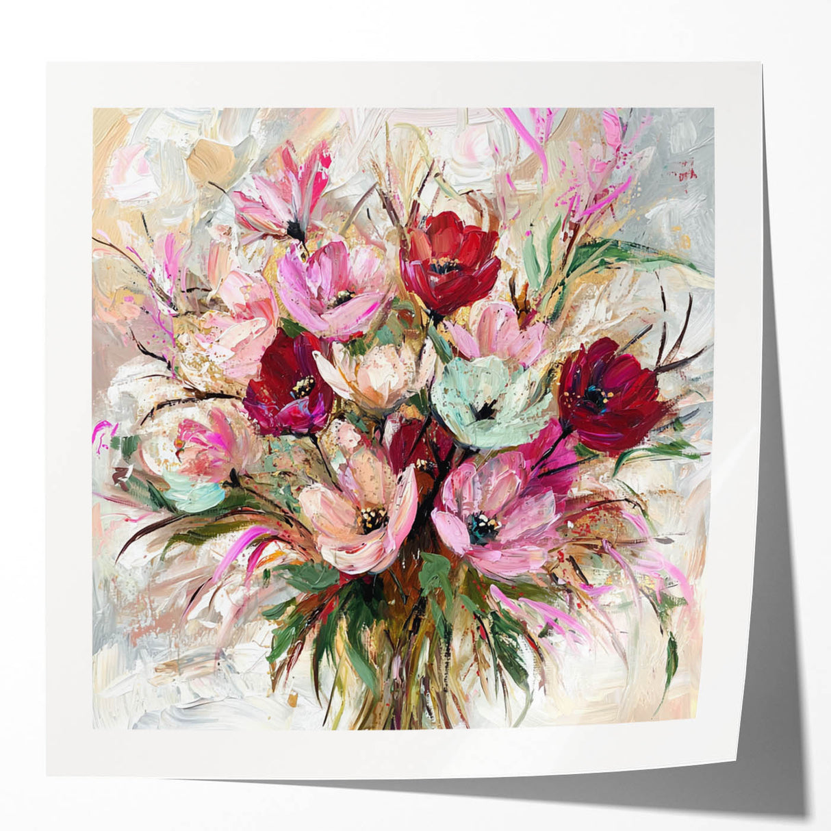 Abstract floral art print showcasing vibrant colors and intricate patterns, presented in a glossy finish. Ideal for modern home decor or office spaces.