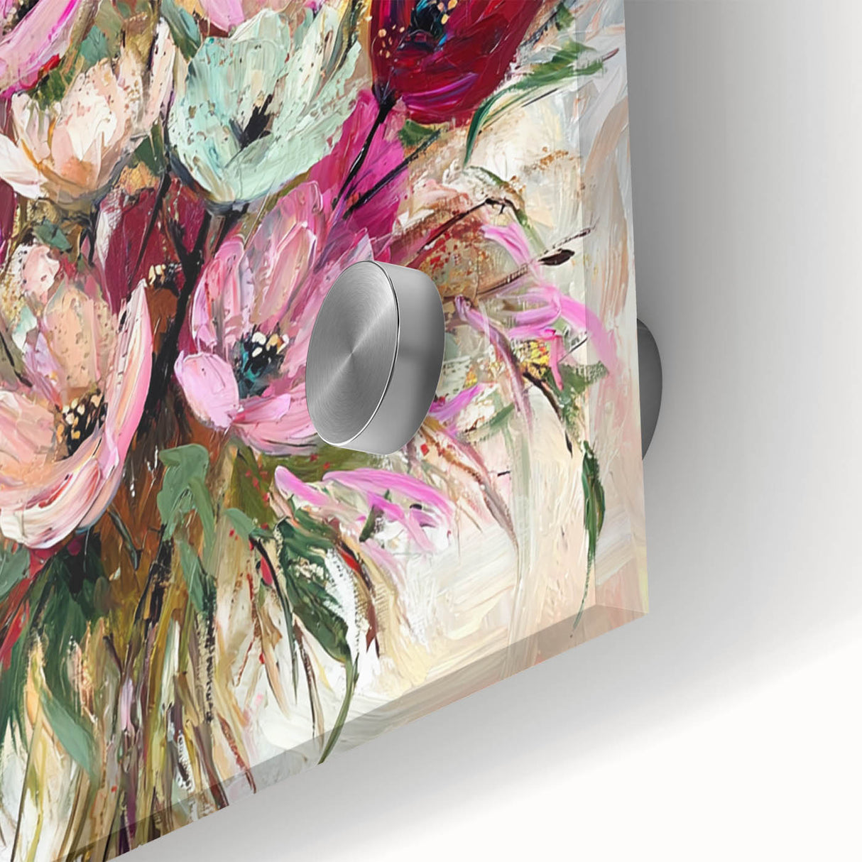 Close-up view of an abstract floral design on acrylic glass, showcasing vibrant colors and intricate details, perfect for modern home decor accents.