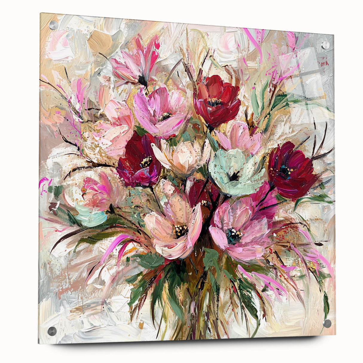 Abstract floral acrylic glass artwork displaying vibrant colors and intricate designs, showcased from a side view with decorative pins for mounting, perfect for modern decor.