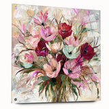 Abstract floral acrylic glass artwork displaying vibrant colors and intricate designs, showcased from a side view with decorative pins for mounting, perfect for modern decor.
