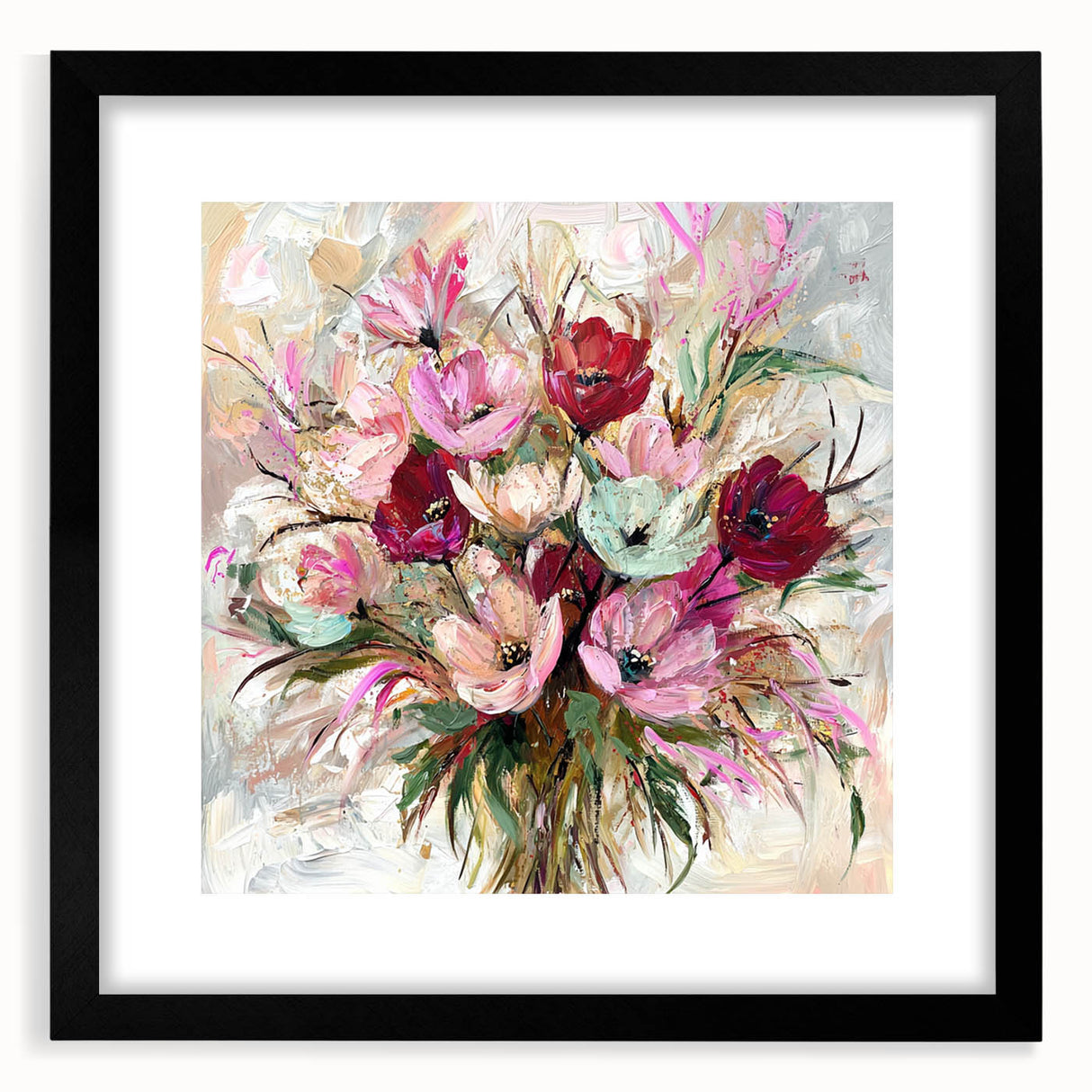 Abstract floral frame artwork in black mat, showcasing vibrant colors and intricate designs, ideal for modern home decor or gallery display.