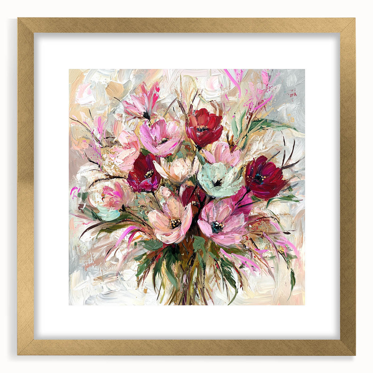 Abstract floral frame with a gold mat, showcasing vibrant colors and intricate designs, perfect for adding elegance to home decor or art collections.