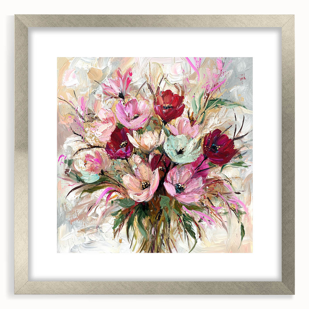 Abstract floral design framed in silver with a mat, showcasing vibrant colors and intricate patterns, ideal for modern home decor or art displays.