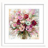 Abstract floral wall art framed in white matting, showcasing vibrant colors and intricate designs, perfect for modern home decor and artistic displays.