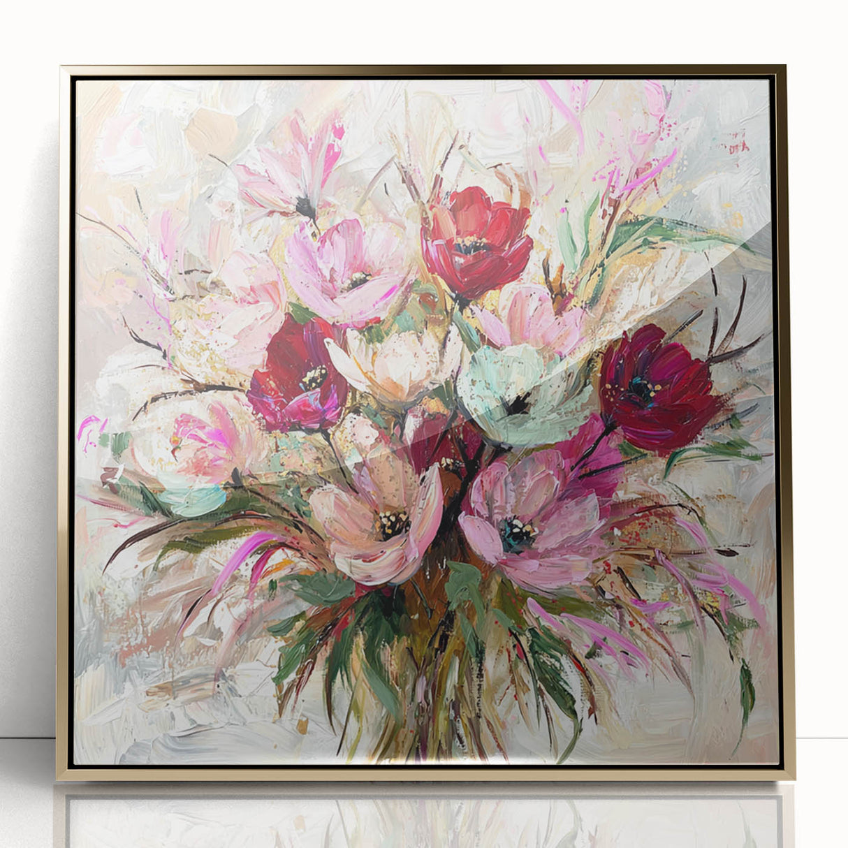 Framed acrylic artwork showcasing an abstract floral design in vibrant colors, highlighted by a gold frame, perfect for modern home decor.