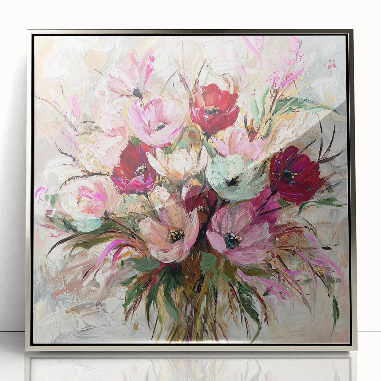 Framed acrylic artwork showcasing an abstract floral design with vibrant colors and a modern silver frame, ideal for contemporary home decor. Perfect for adding elegance to living spaces or offices.