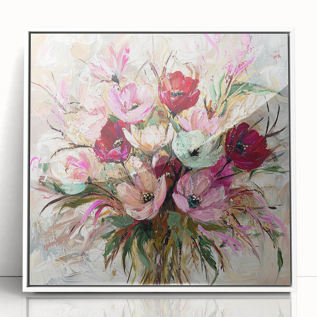 Framed acrylic artwork showcasing a vibrant abstract floral design in shades of pink, green, and blue, set against a sleek white frame, perfect for modern home decor. Ideal for adding a touch of elegance and color to living spaces or offices.