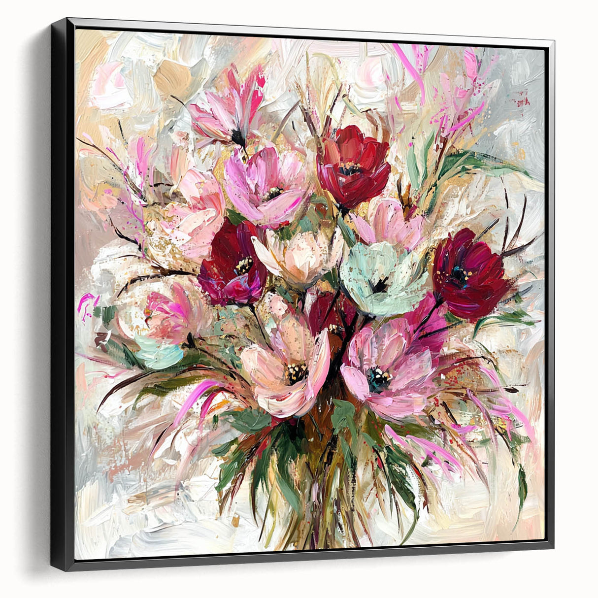Framed canvas artwork displaying an abstract floral design in vibrant colors on a black background, showcasing a side view that highlights its sleek, modern aesthetic. Ideal for home decor enthusiasts seeking unique wall art to enhance interior spaces.