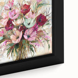 Close-up view of an abstract floral design on a framed canvas, showcasing vibrant colors and intricate details, perfect for enhancing modern home decor.