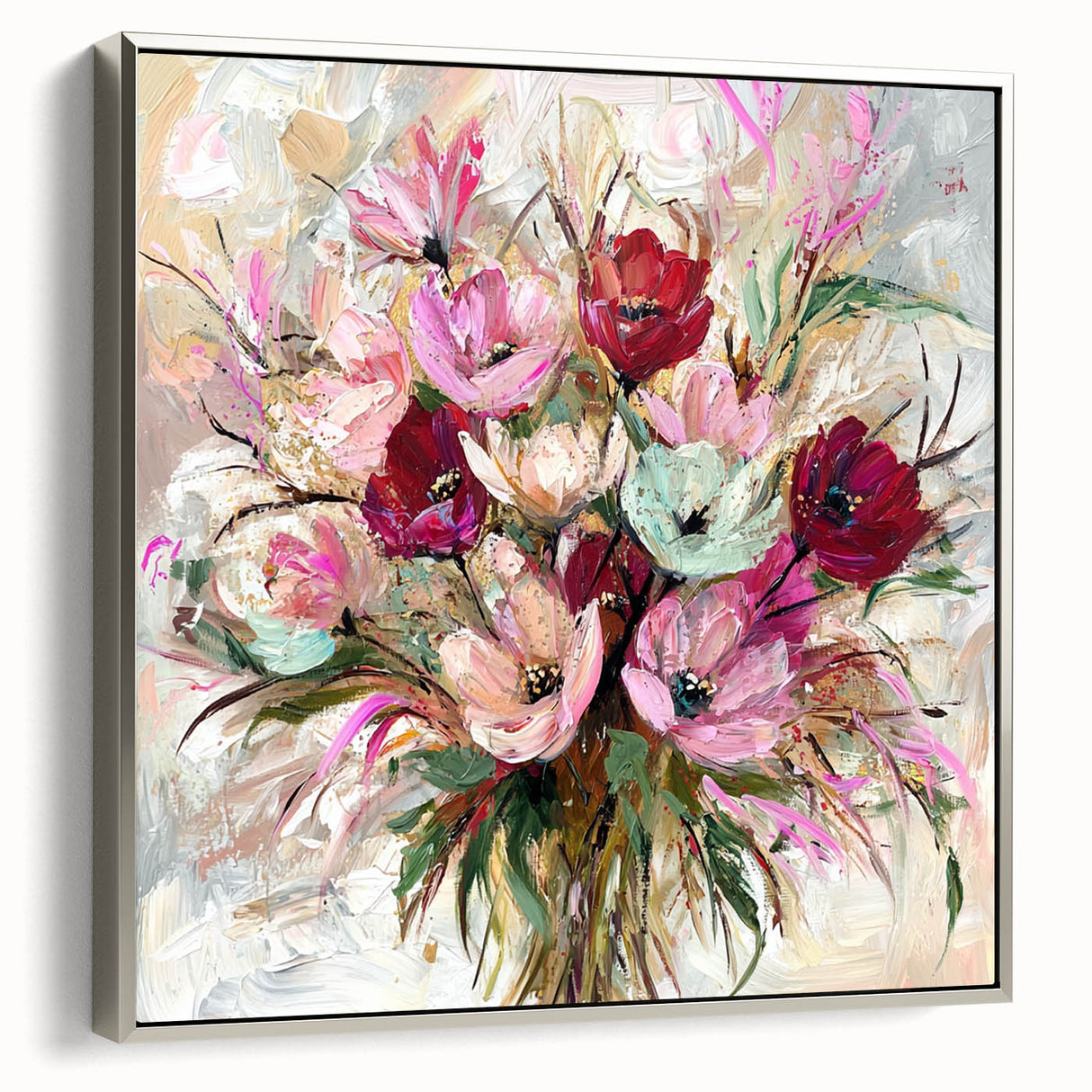 Framed abstract floral canvas art with a silver frame, showcasing vibrant colors and intricate designs, perfect for modern home decor and wall displays.