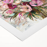 Abstract floral design on rolled canvas showcasing vibrant colors and intricate patterns, perfect for home decor. Packaged securely in a sturdy tube for safe delivery.