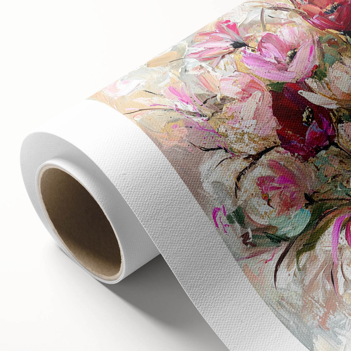 Abstract floral design rolled canvas art featuring vibrant colors and intricate patterns, beautifully packaged in a protective cardboard tube for easy display.