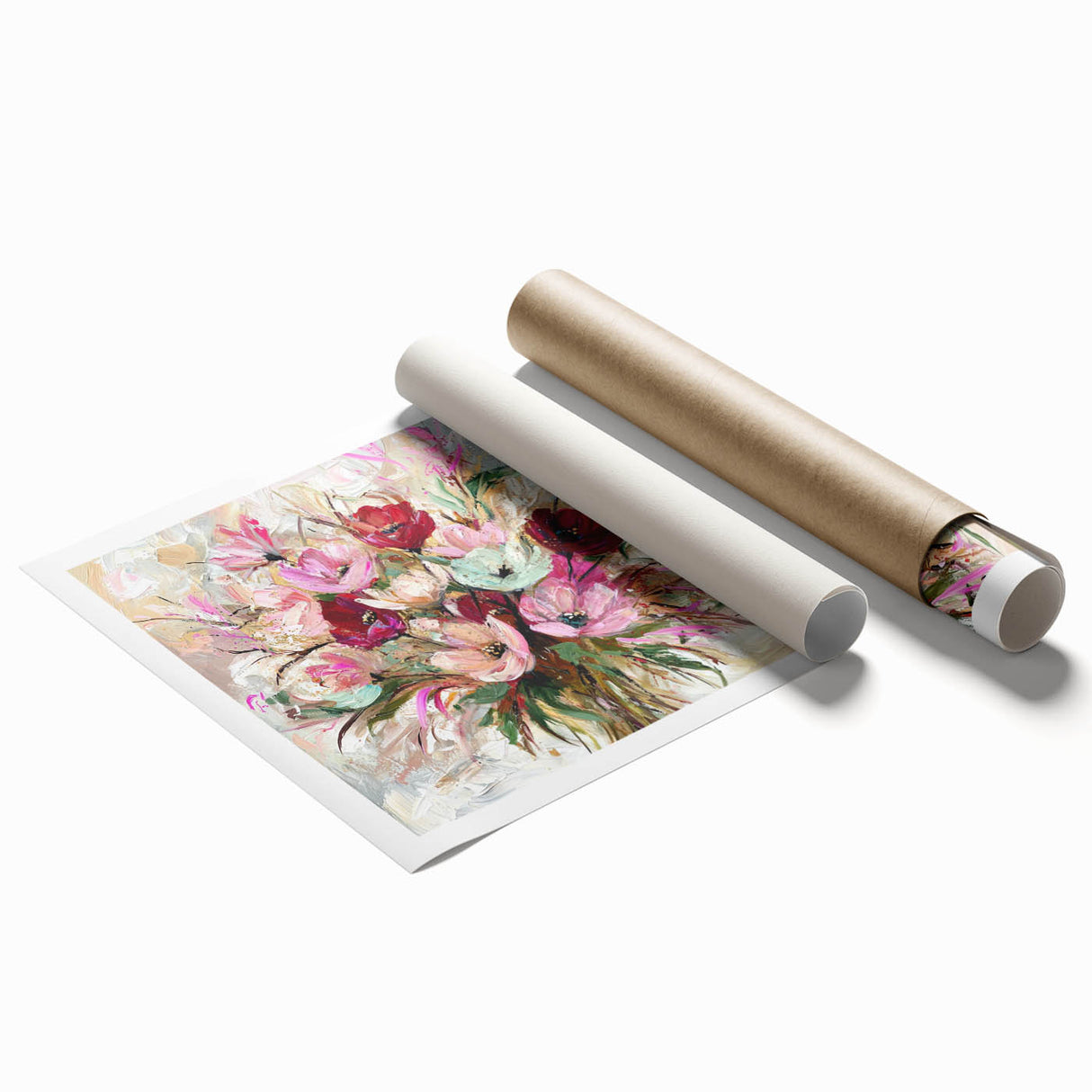 Abstract floral design in vibrant colors, featuring intricate details and flowing shapes, presented as a rolled print suitable for home decor or art display. Perfect for adding a touch of elegance to any space.