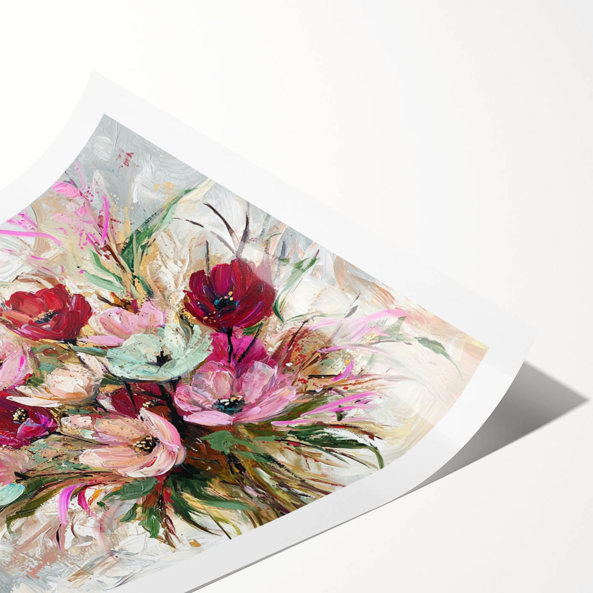 Abstract floral design print showcasing vibrant colors and intricate patterns, rolled for easy shipping and display, perfect for modern home decor.