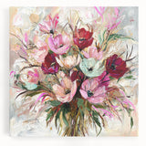 Colorful abstract floral design on stretched canvas, showcasing vibrant blooms and intricate patterns, perfect for modern home decor or art enthusiasts.