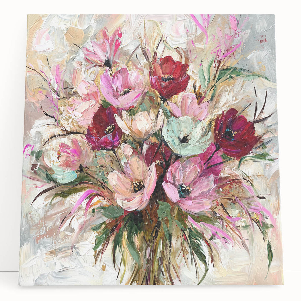 Abstract floral stretched canvas artwork in vibrant colors, featuring intricate designs and textures, leaning against a neutral wall, perfect for home decor.
