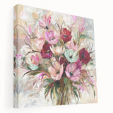 Abstract floral canvas art with vibrant colors and intricate patterns, showcasing a side view of the stretched canvas, ideal for modern home decor.