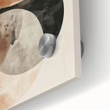 Close-up of an abstract minimalist wall art piece, showcasing vibrant colors and geometric shapes on acrylic glass, perfect for modern home decor.