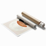 Abstract minimalist wall art print in soft pastel colors, showcasing geometric shapes and flowing lines, rolled and ready for framing in a protective tube.