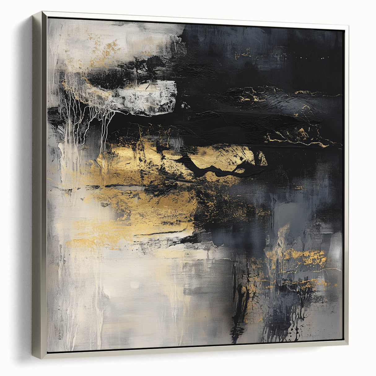 Colorful Abstract Wall Art – Bold Black, Gold & Gray Textured Canvas