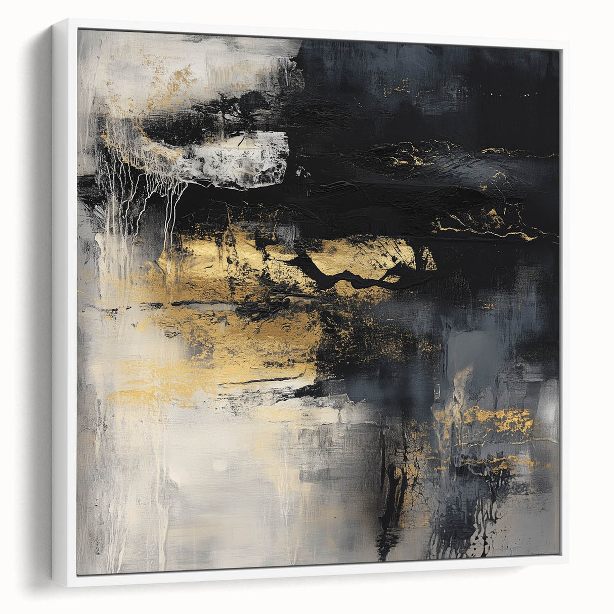 Colorful Abstract Wall Art – Bold Black, Gold & Gray Textured Canvas