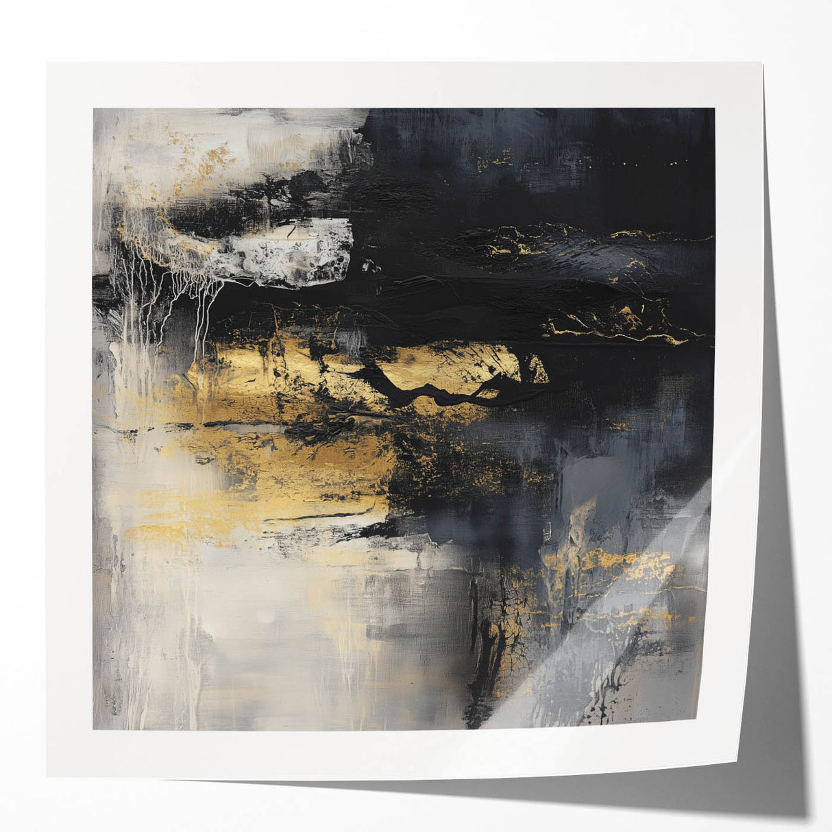 Colorful Abstract Wall Art – Bold Black, Gold & Gray Textured Canvas