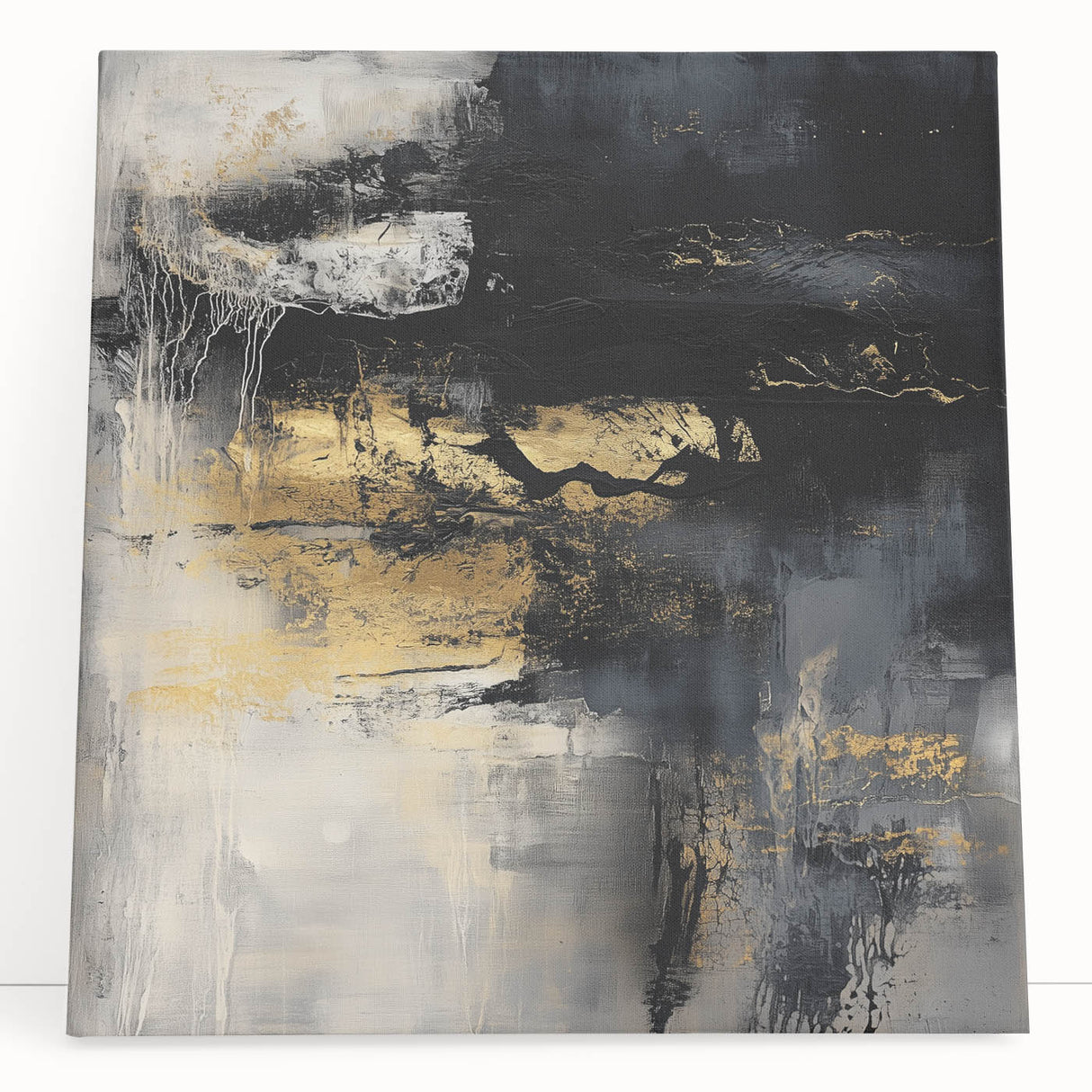 Colorful Abstract Wall Art – Bold Black, Gold & Gray Textured Canvas