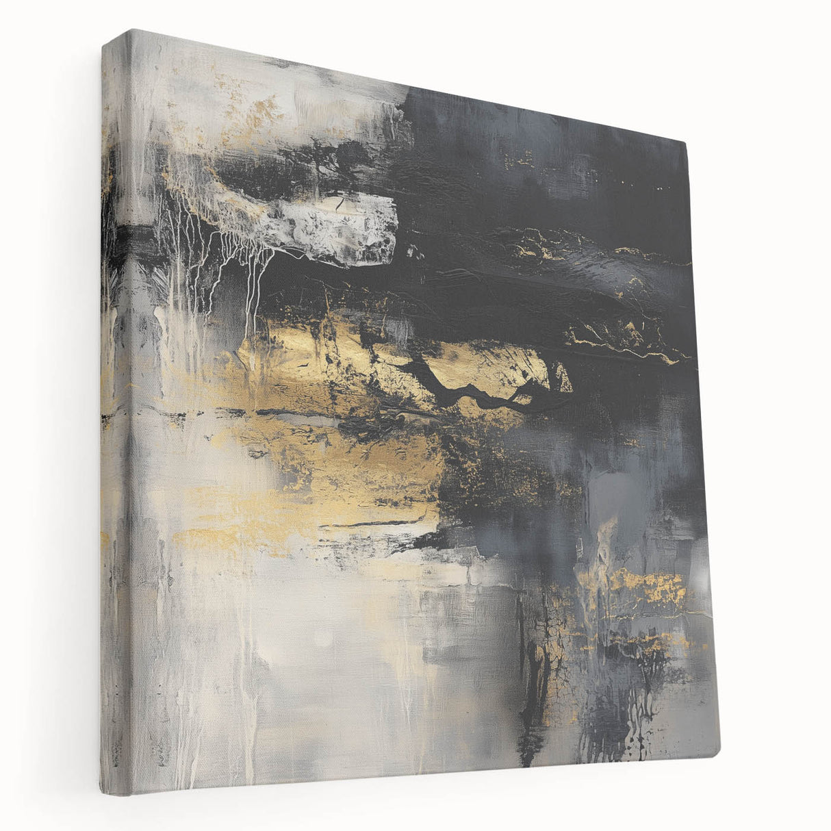 Colorful Abstract Wall Art – Bold Black, Gold & Gray Textured Canvas