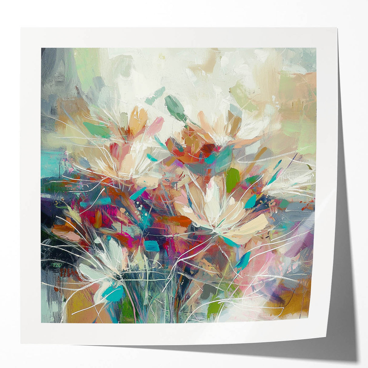 Glossy mockup of an abstract floral print showcasing vibrant colors and intricate designs, ideal for modern home decor and art enthusiasts. Perfect for online display and marketing.