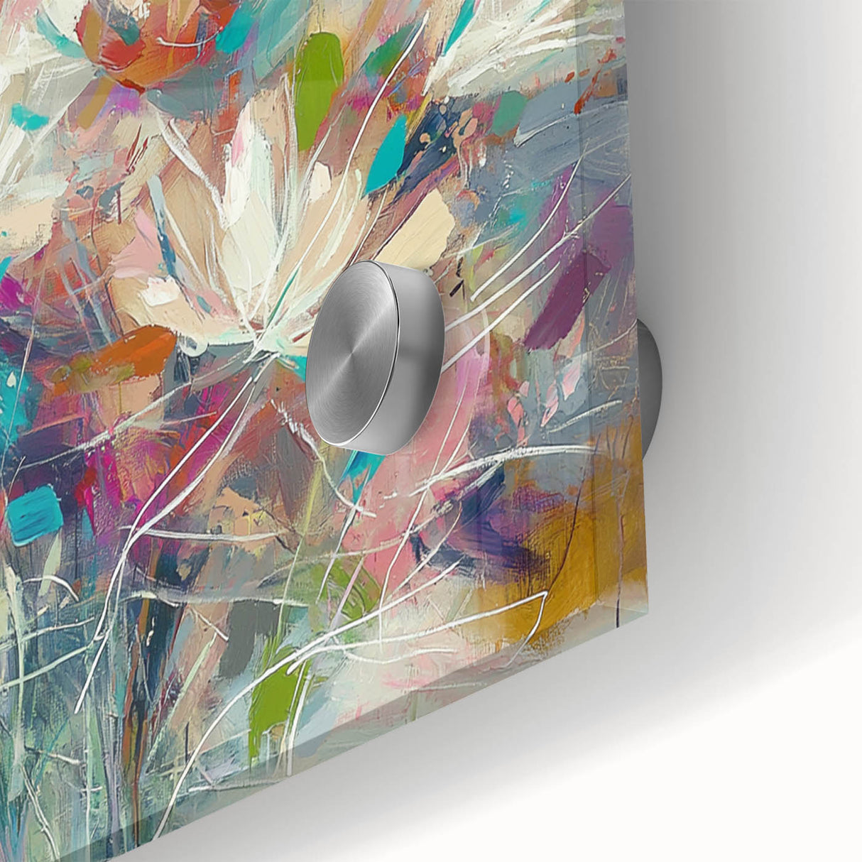Close-up of vibrant abstract floral acrylic art on glass, showcasing intricate details and vivid colors, perfect for modern home decor or artistic displays.