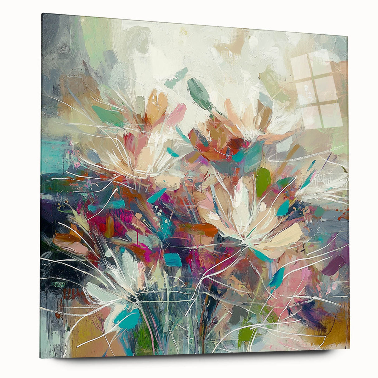 Abstract floral acrylic wall art displayed in a side view, featuring vibrant colors and intricate designs on glass, perfect for modern home decor.