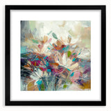 Abstract floral frame with a black mat, showcasing vibrant colors and intricate designs, perfect for modern home decor or as a unique gift idea.
