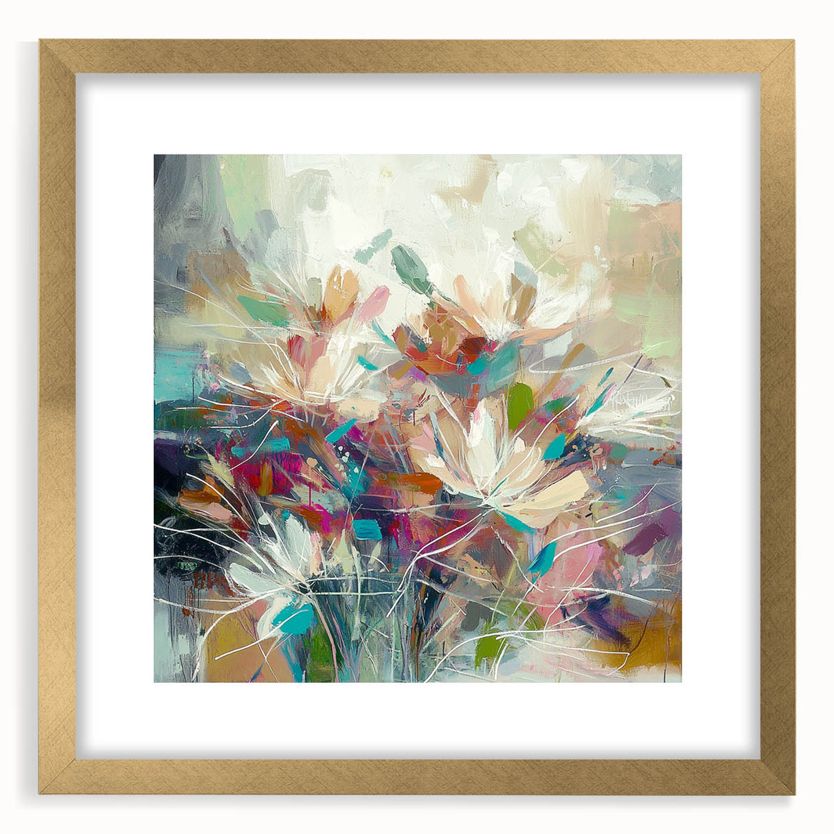 Elegant gold-framed abstract floral artwork featuring vibrant colors and intricate designs, perfect for home decor. This piece adds a touch of sophistication to any room.