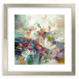 Elegant silver-framed abstract floral artwork featuring vibrant colors and intricate details, perfect for home decor. The mat adds depth, enhancing aesthetic appeal.