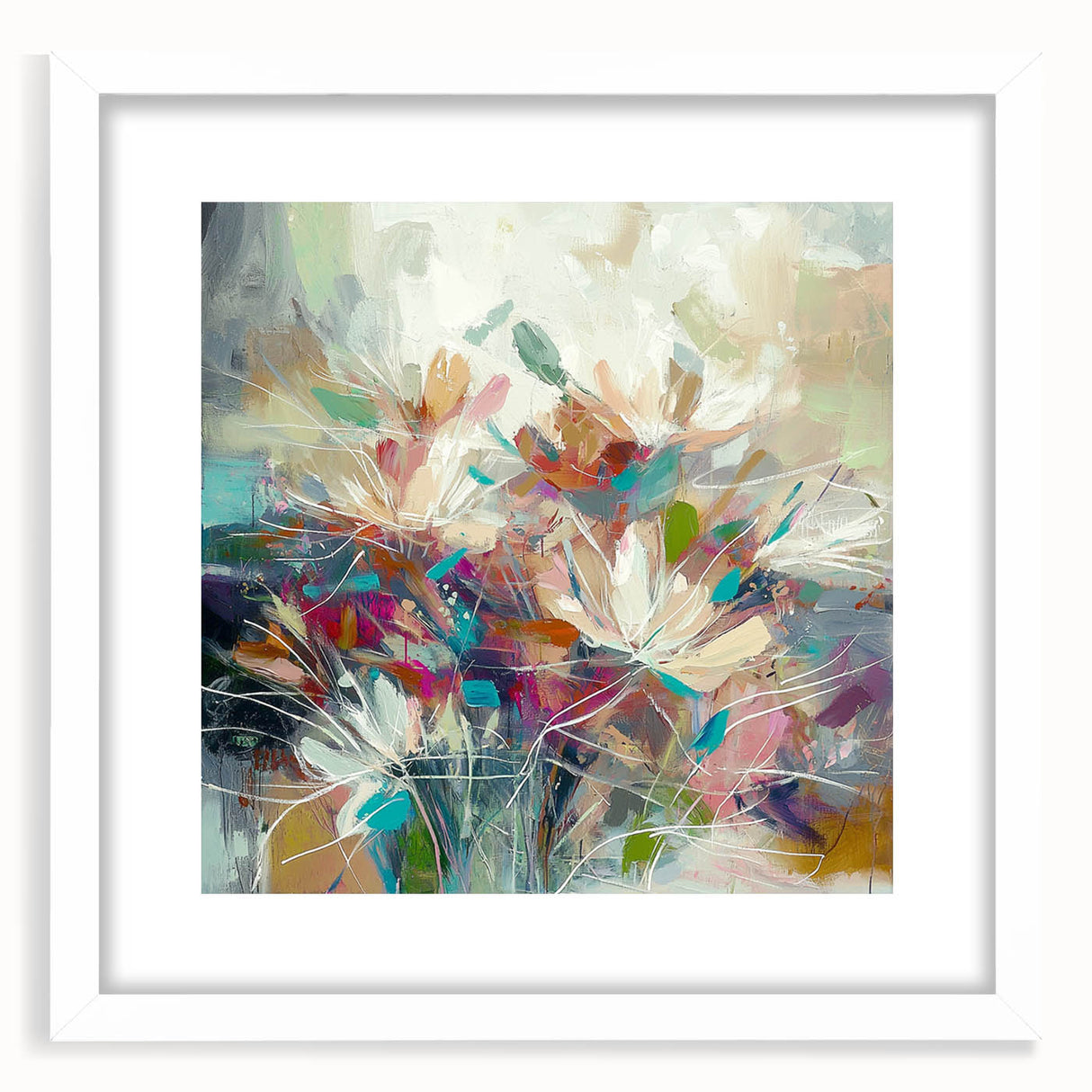 Abstract floral frame artwork featuring vibrant colors and intricate designs, set against a white mat, perfect for home decor or gallery display.