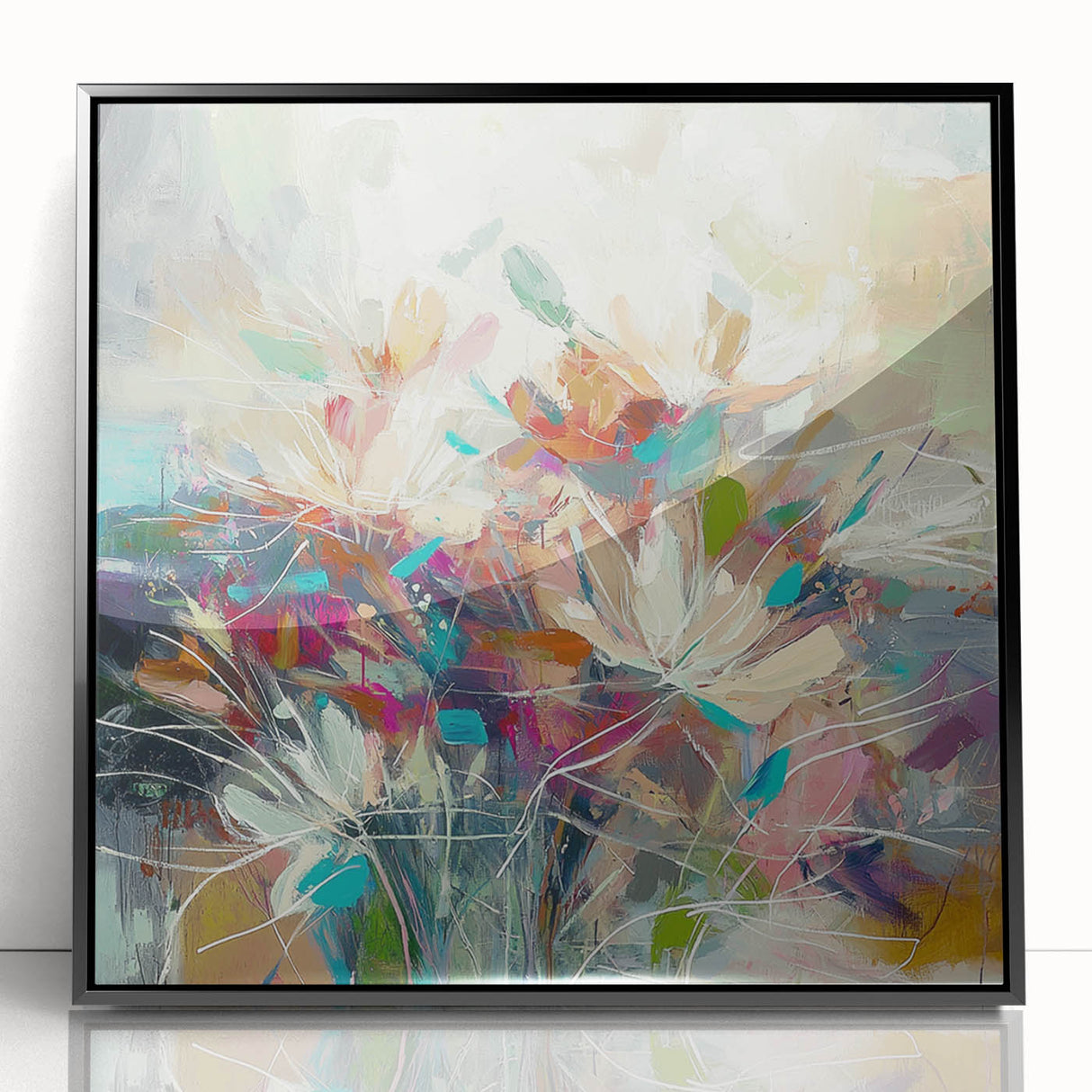 Framed abstract floral artwork in black acrylic, showcasing vibrant colors and intricate patterns, perfect for modern home decor or office environments.