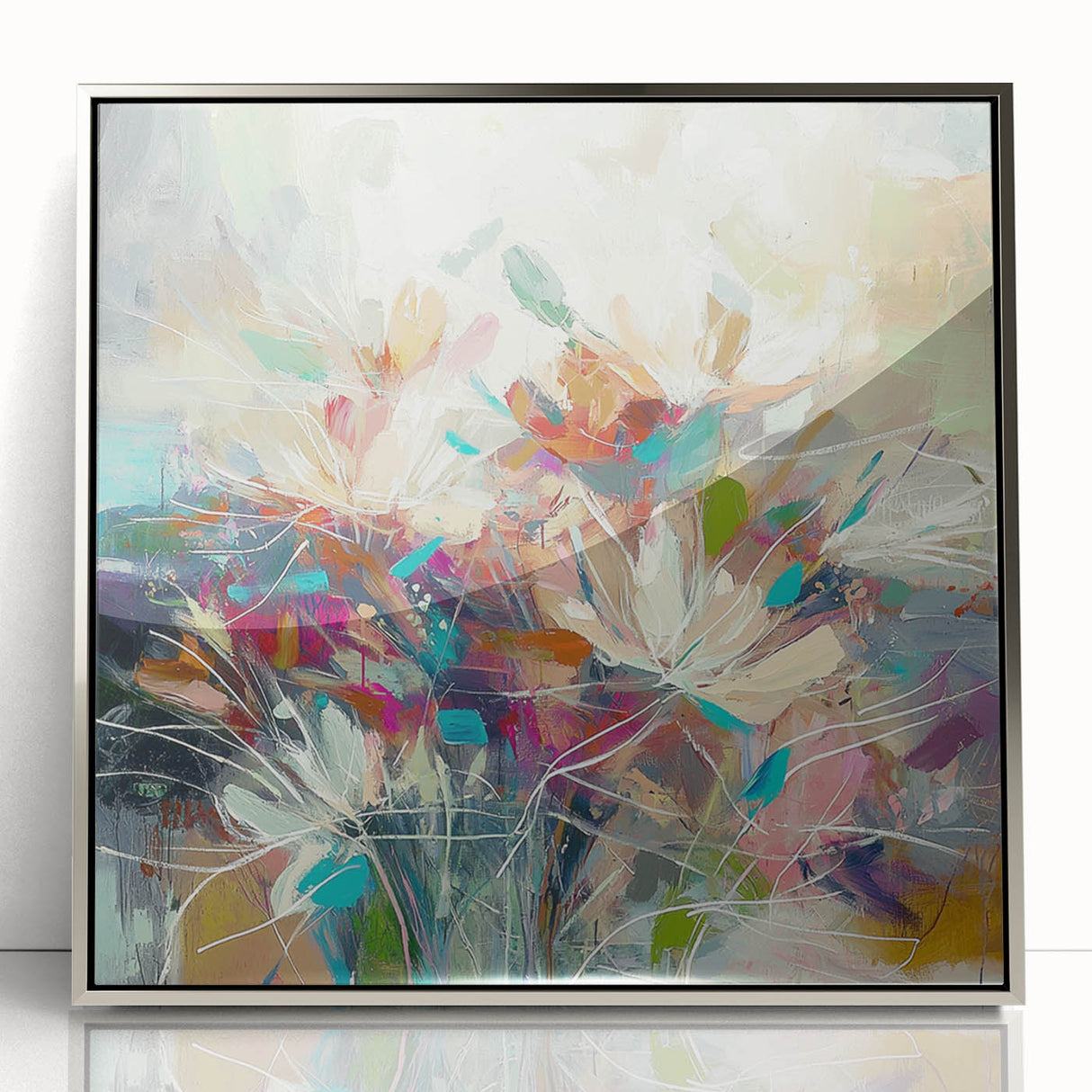 Framed acrylic artwork featuring an abstract floral design in vibrant colors, presented in a sleek silver frame, perfect for modern home decor.